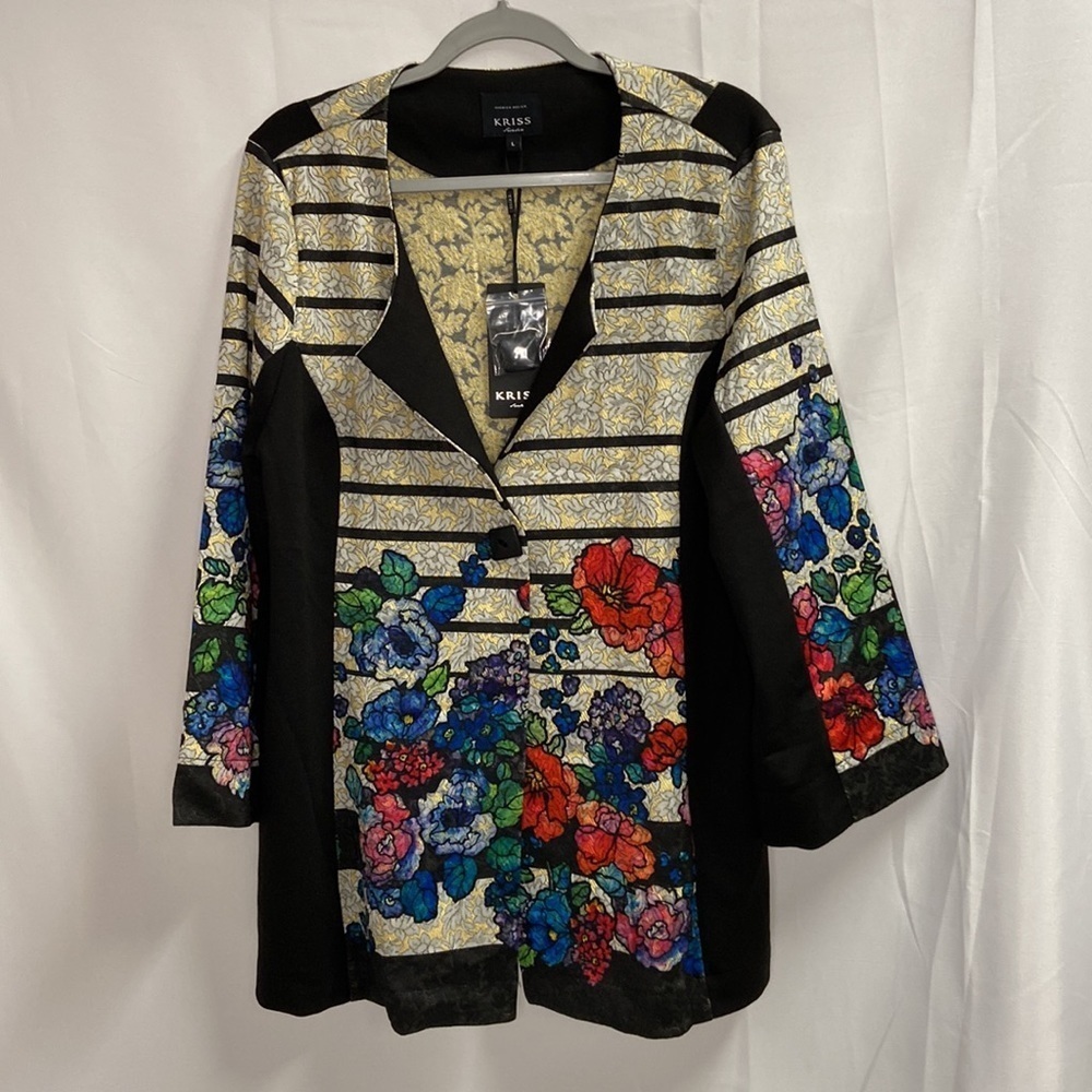 Kriss Sweden Floral Stained Glass Cardigan Duster Jacket Black Large NWT